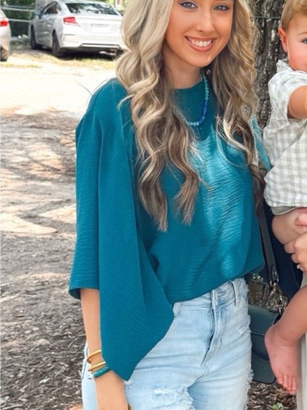 Women’s Teal Textured Batwing Sweater Top